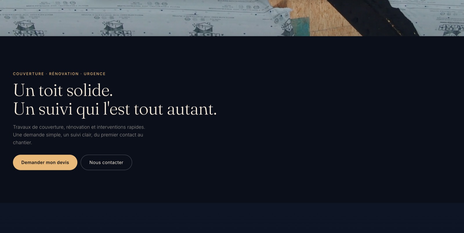 Page d'accueil du site de démonstration Ardent Construction : titre éditorial, vue de chantier en vidéo et bouton de demande de devis.